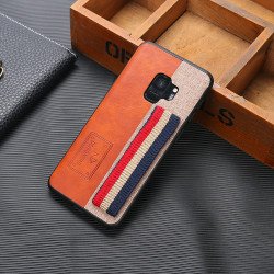 Galaxy S9+ (Plus) Striped Hand Strap Grip Holder PU Leather Case (Brown)